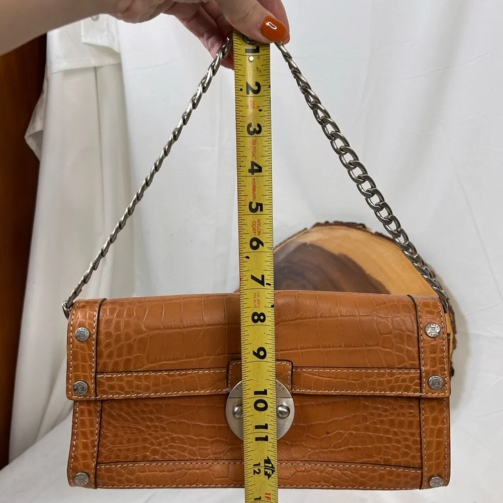 Cognac Croc-Embossed Leather Shoulder Bag with Silver Chain